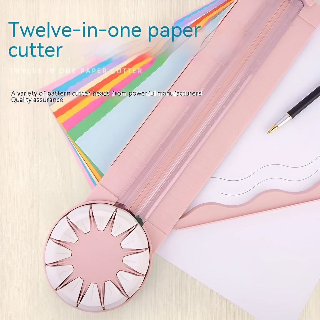 Pink and black 12-in-1 multifunctional plastic paper cutting machine for crafts.