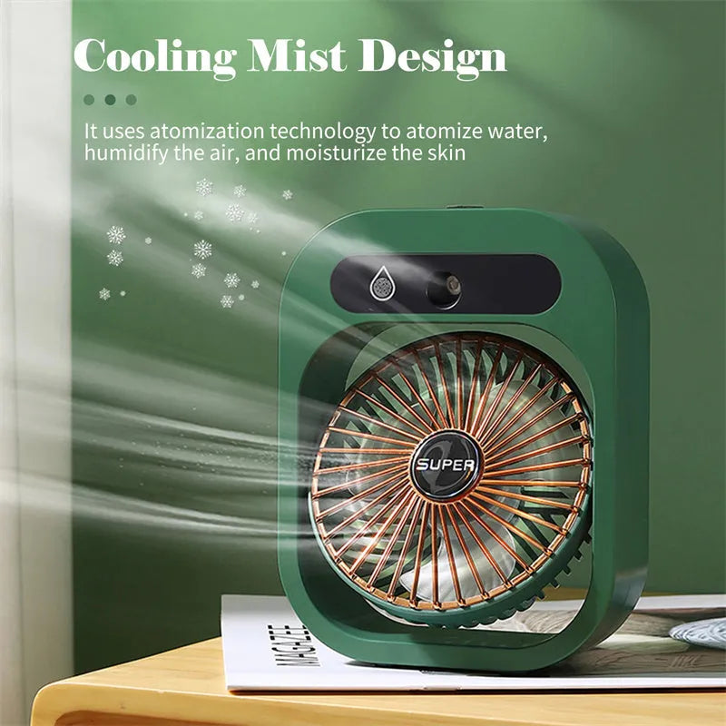 Green and white USB rechargeable portable desk fan with misting humidifier function and adjustable wind direction.