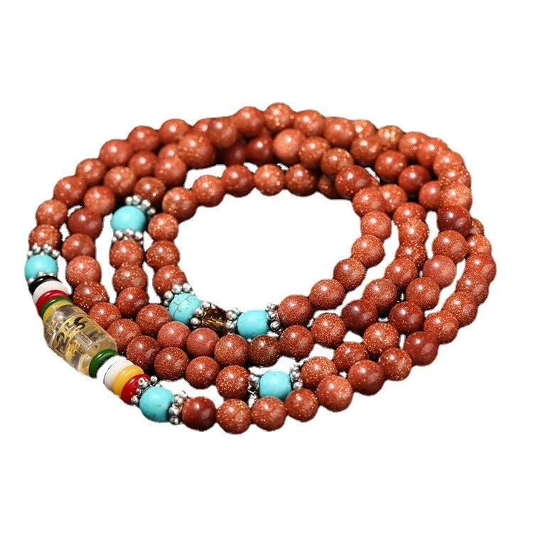 Women's golden star stone mantra bracelet with 108 nugget sand pieces and Chinese fu character ornament