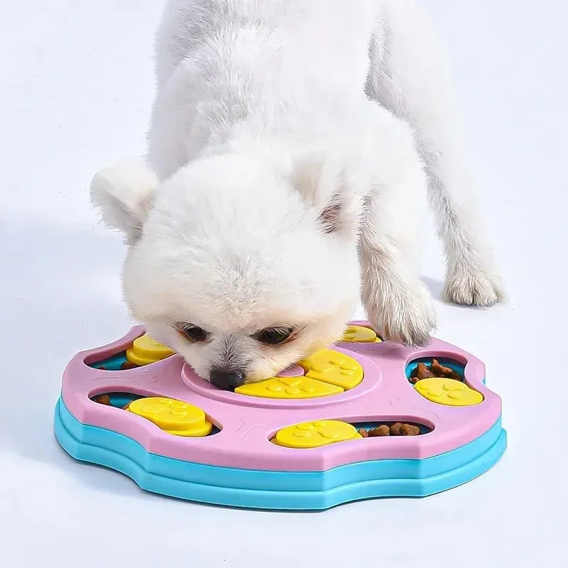 Interactive dog food puzzle feeder with search games for aggressive chewers in blue or pink