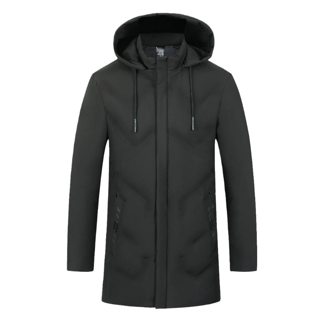 Thickened mid-length cotton-polyester men's jacket, loose fit, zipper pockets, black or gray
