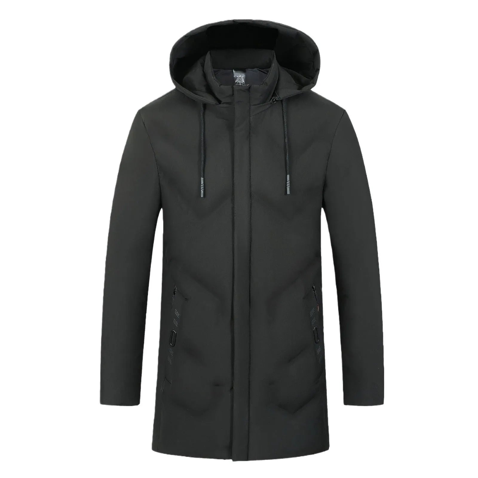 Thickened mid-length cotton-polyester men's jacket, loose fit, zipper pockets, black or gray