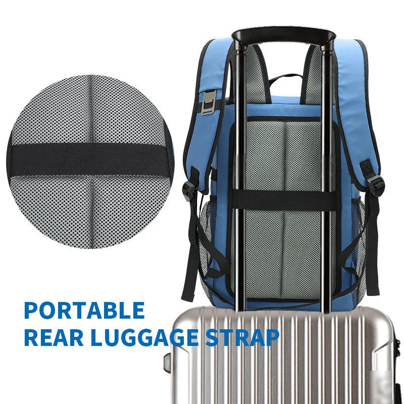 Waterproof insulated cooler backpack with mounted bottle opener in lake blue colour showing 20 litre capacity