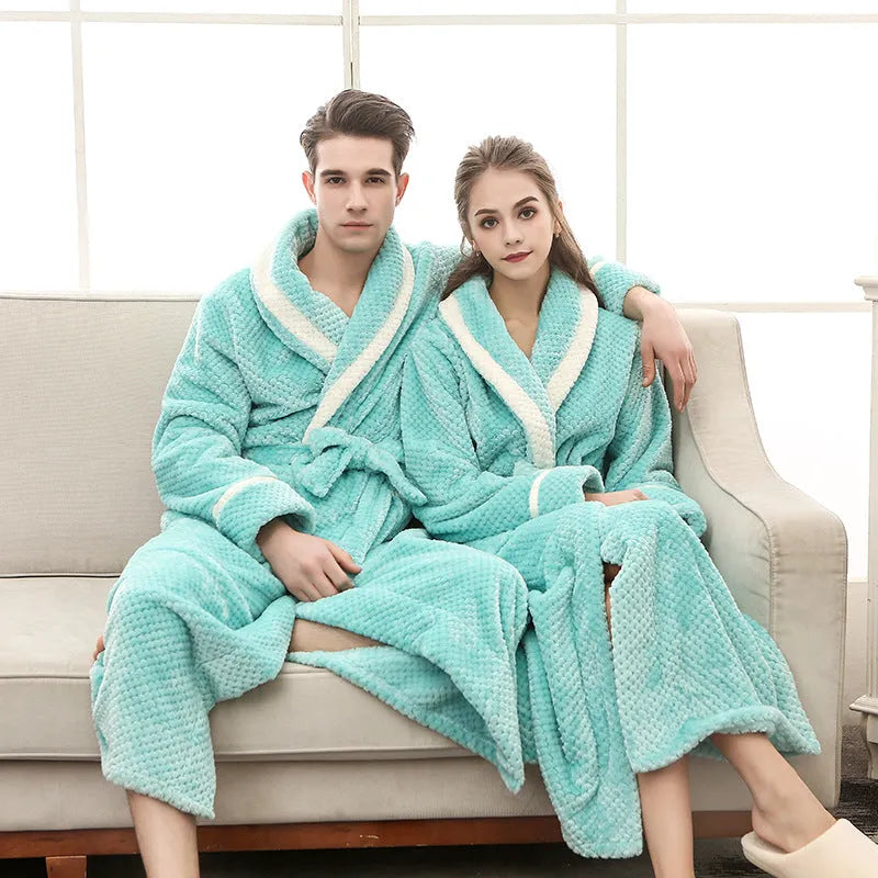 Thick winter couple bathrobe solid colour long sleeve unisex home comfort robe in black