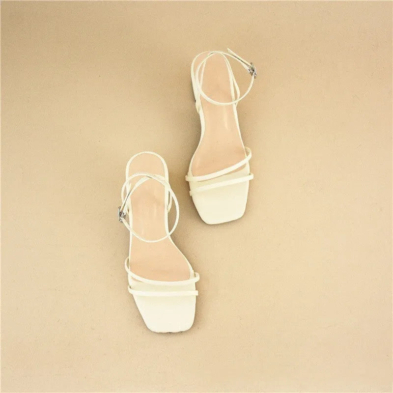 Beige women's square toe stiletto sandals with chunky heel and ankle buckle