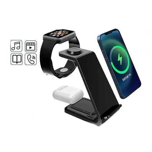 Black and white 3-in-1 upright wireless charger and phone holder on a desk with Type-C cable.