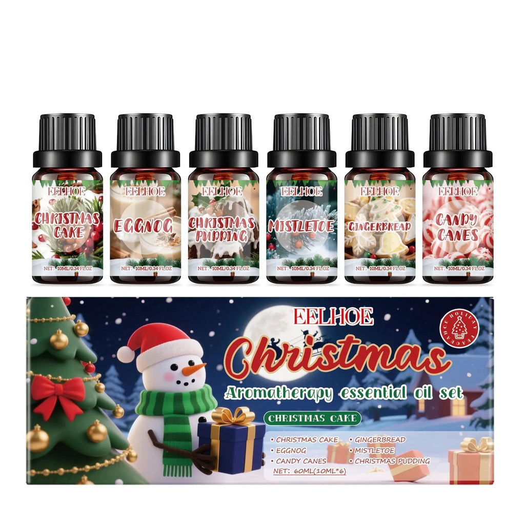 Christmas aromatherapy oil set showing six bottles including 60ml and 10ml sizes for festive home fragrance