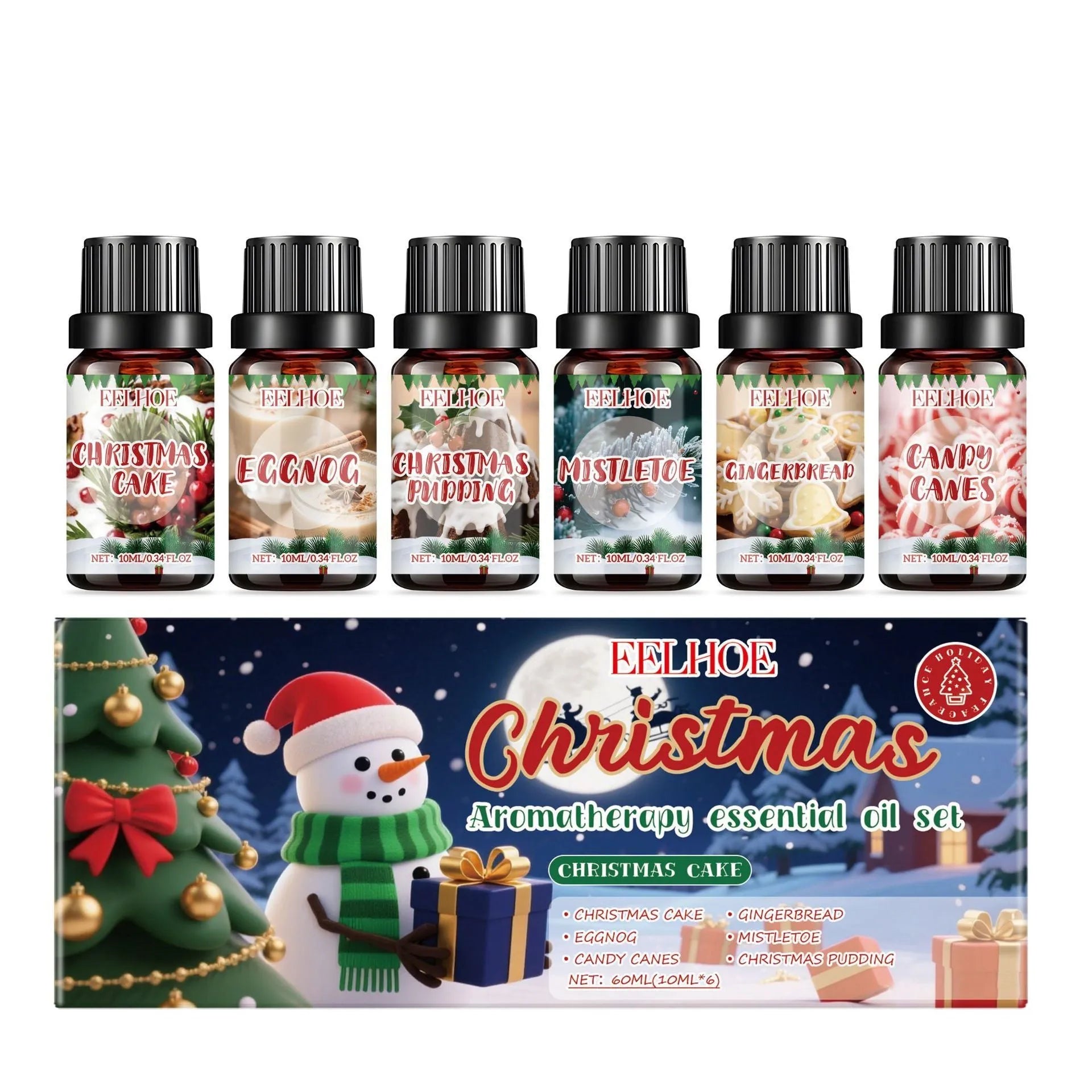Christmas aromatherapy oil set showing six bottles including 60ml and 10ml sizes for festive home fragrance