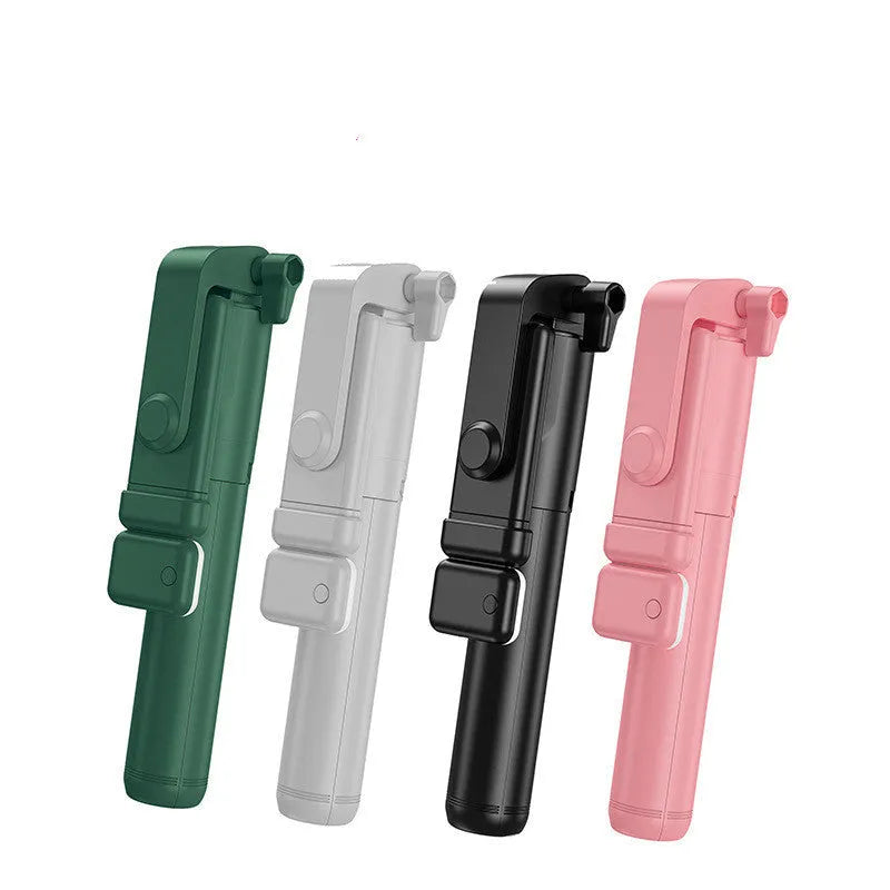 Aluminium alloy Bluetooth selfie stick with integrated tripod base and 360-degree rotating phone holder in black colour.