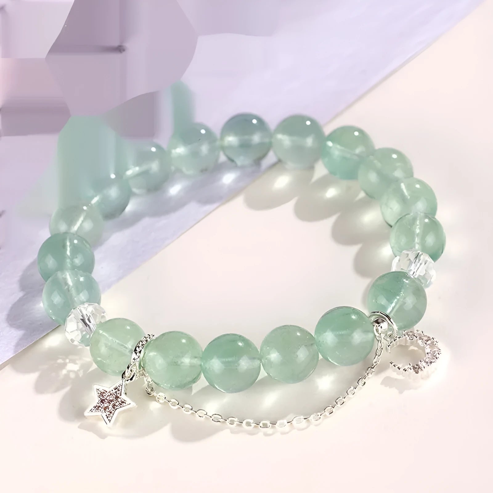 Green fluorite and white crystal star moon princess bracelet with electroplated metal in Korean style