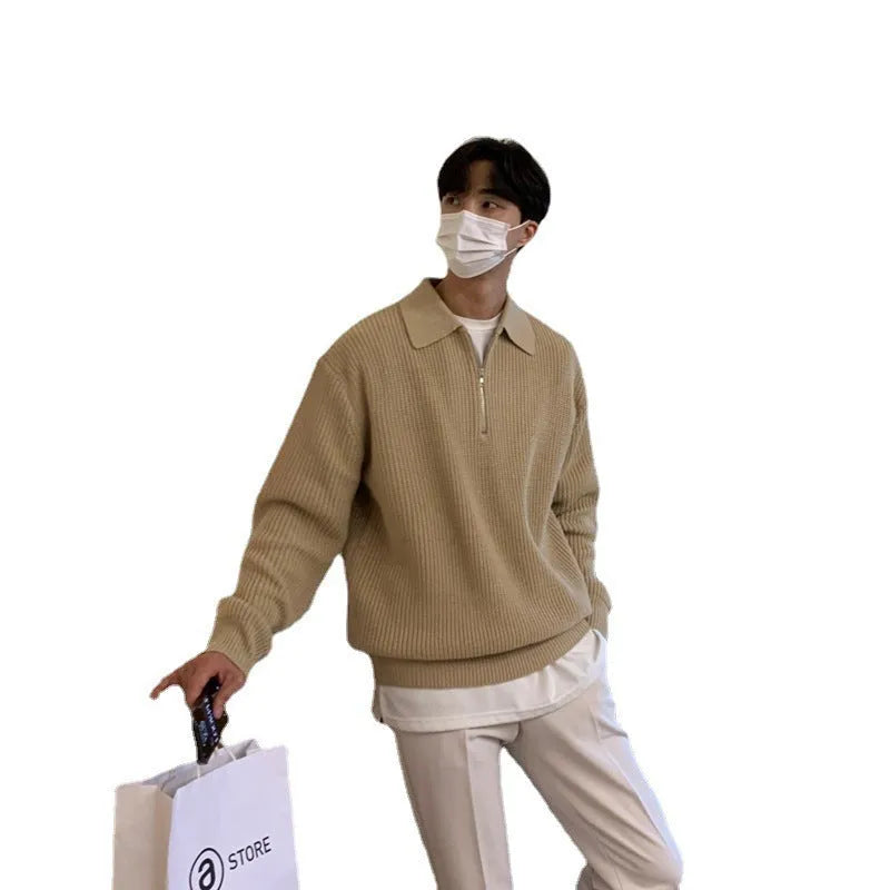 Men's loose fit lapel sweater in khaki winter knit pullover