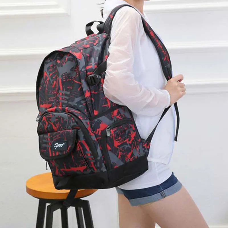 Classic nylon large backpack shown in blue and red colour options.