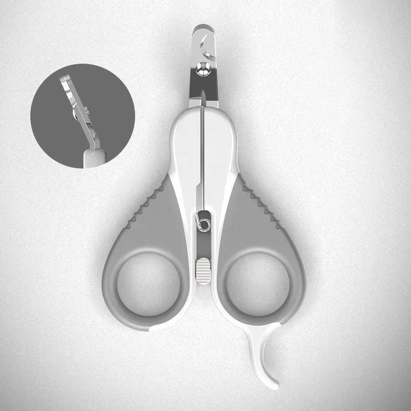 Grey and pink cat nail clippers with a safety guard and angled stainless steel blade.