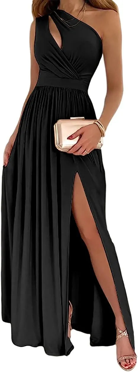 Women's apricot one shoulder cocktail maxi dress with high thigh split, shown on model.