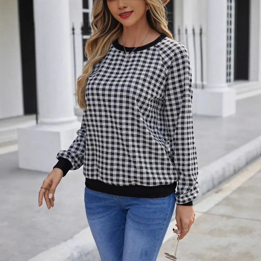 Black Japanese plaid pattern pullover sweater with long sleeves and printed stripes