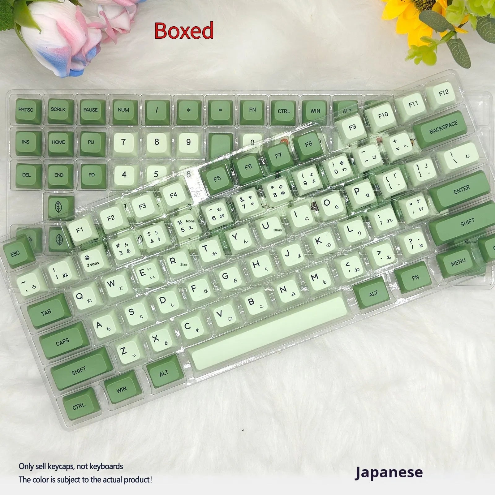 124-key matcha green PBT keycap set showing multiple international language layouts including Arabic and Korean.