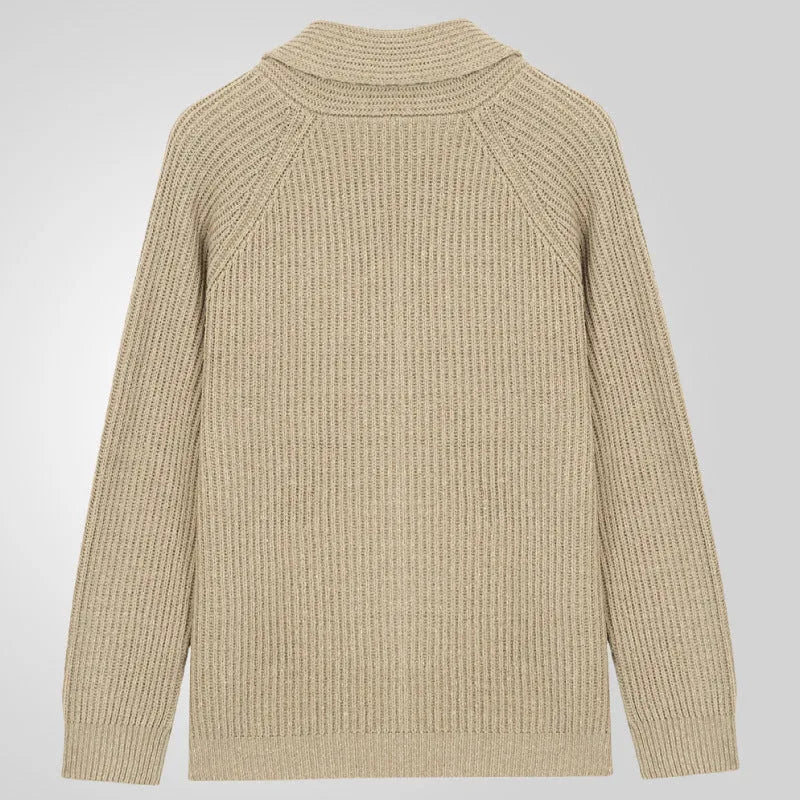 Men's khaki lapel knitting cardigan with front pockets and button closure on a plain background