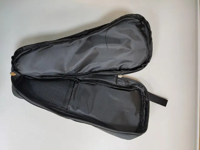 Black water-resistant cloth storage bag for a mobile phone gimbal, shown open with mesh pockets inside.