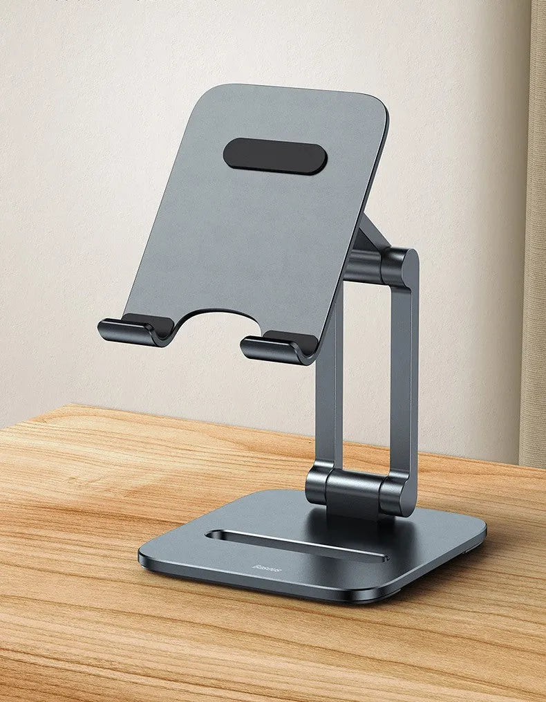 Deep space grey aluminium alloy folding stand for phones and tablets shown in two size options