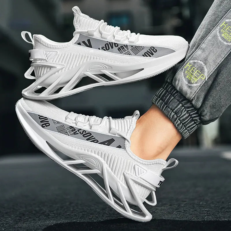 Men's fly woven mesh casual sports shoes with embroidery details in black, red, white, or blue colours