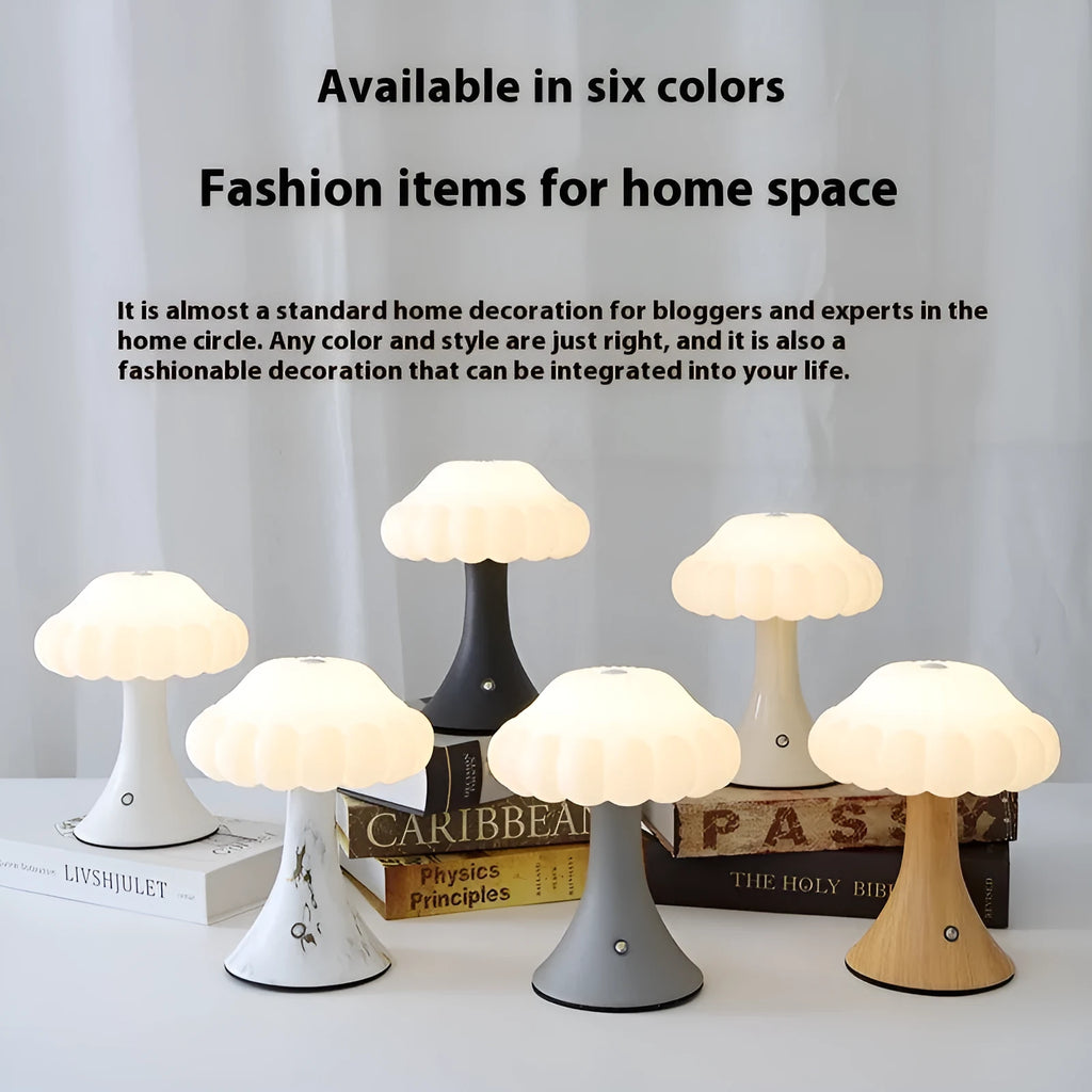 Small touch-controlled mushroom night lamp in wood grain colour on a table.