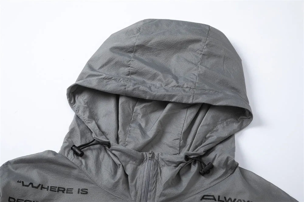 Men's gray nylon sun protection jacket with letter print on front