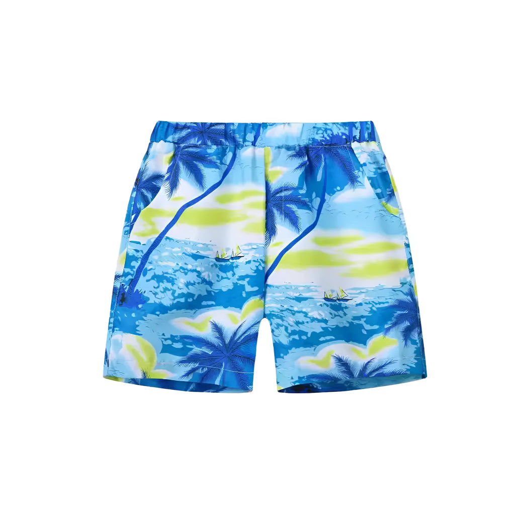 Printed beach shorts with elastic waistband in multiple colour patterns including coconut trees and pineapple design