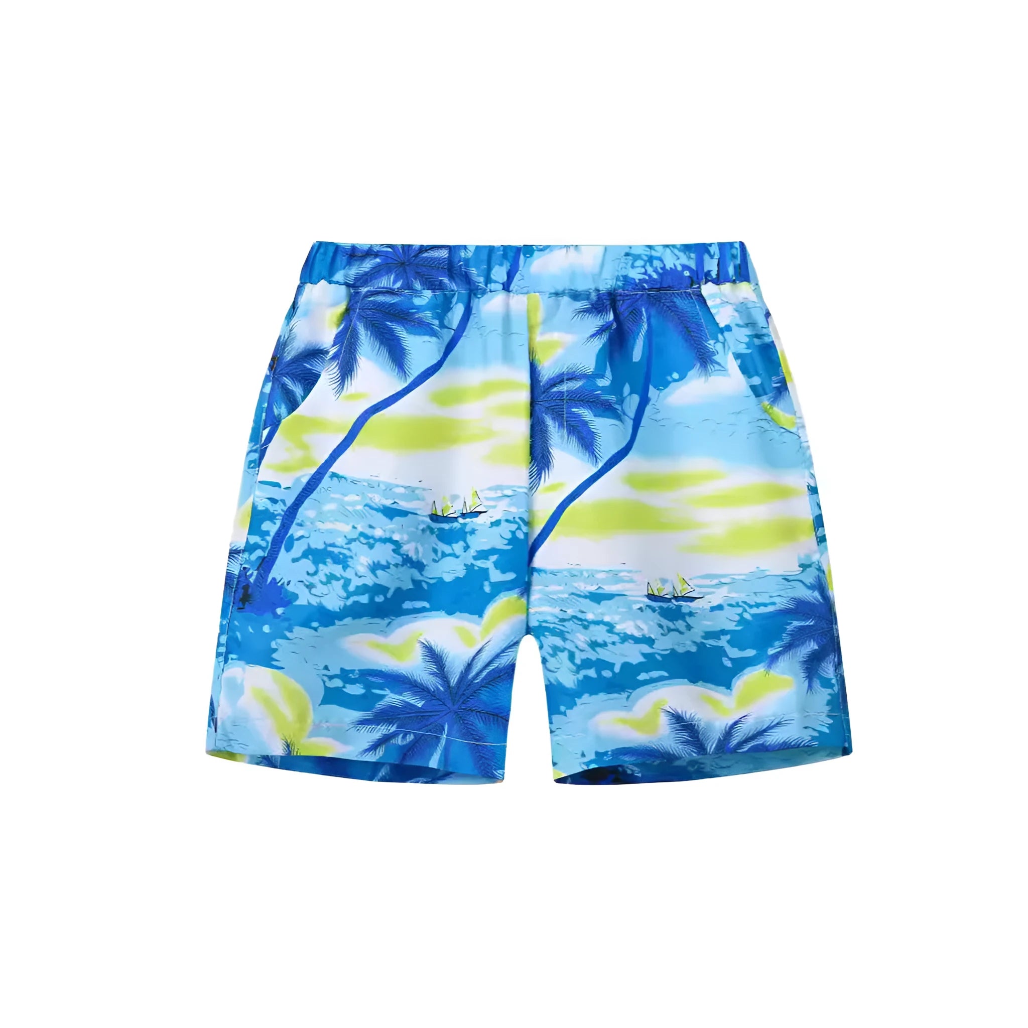 Printed beach shorts with elastic waistband in multiple colour patterns including coconut trees and pineapple design