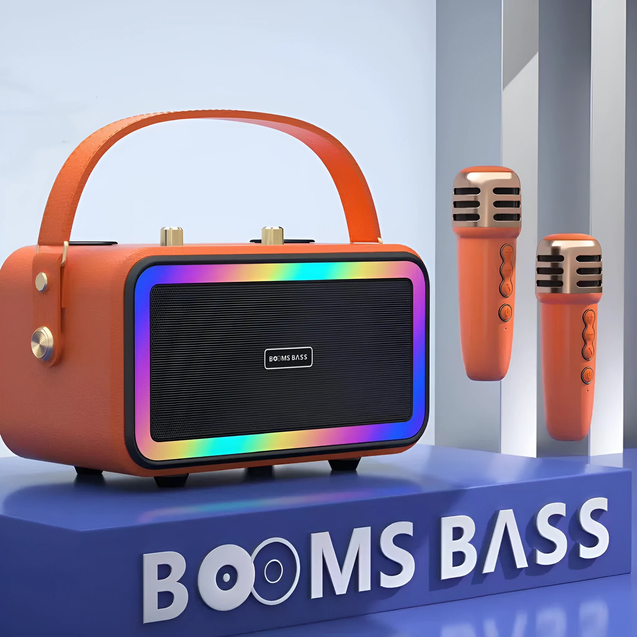 M3201 portable Bluetooth speaker with microphones in black, dark brown, and orange red colour options.