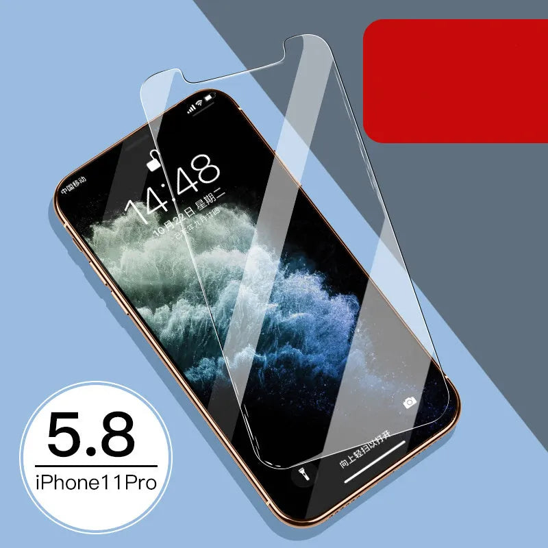 iPhone 11 Pro Max tempered glass screen protector with rear film and front film options.