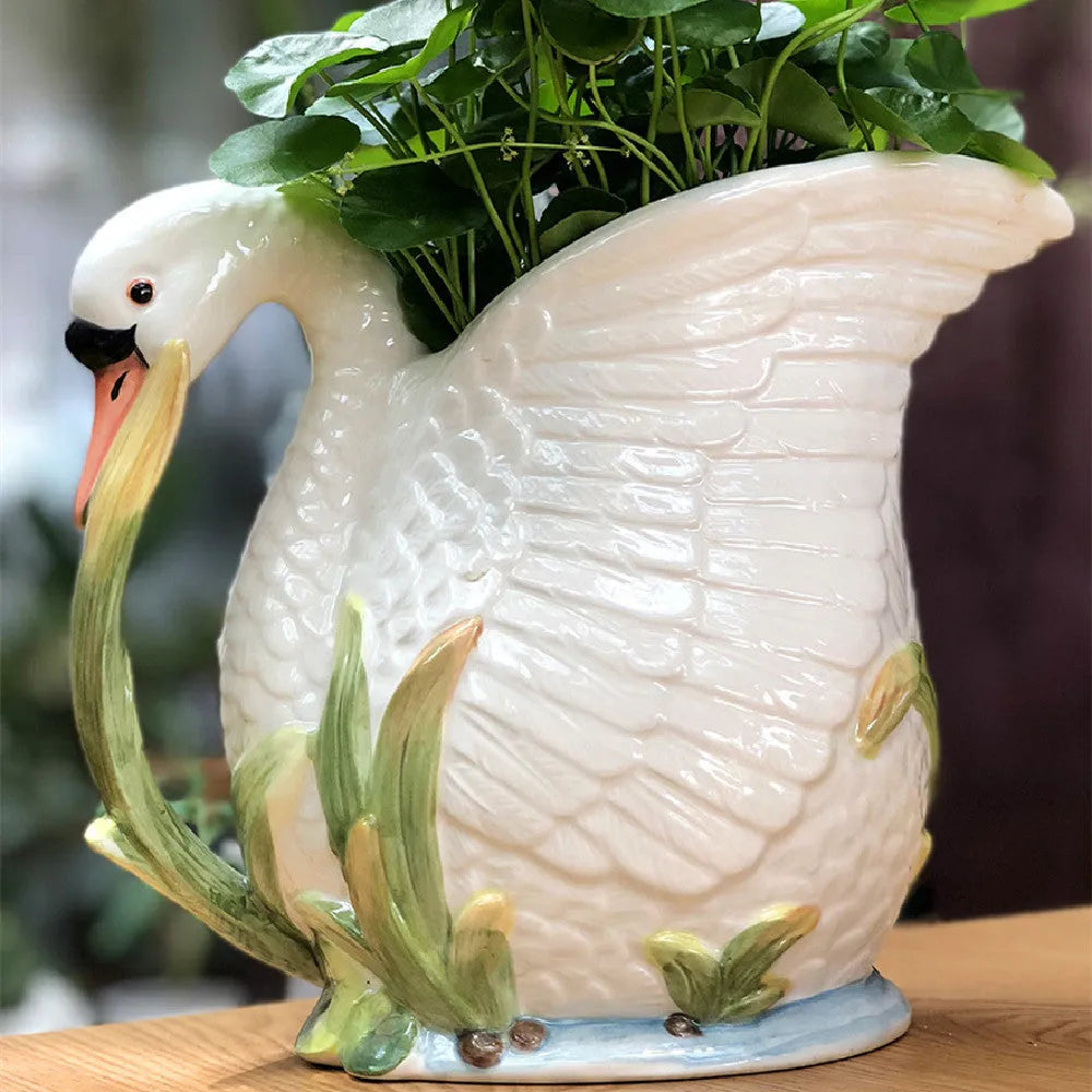 Ceramic swan vase with all-over embossed pattern, 24cm long, 15cm wide, 20cm tall, pastoral style home decoration