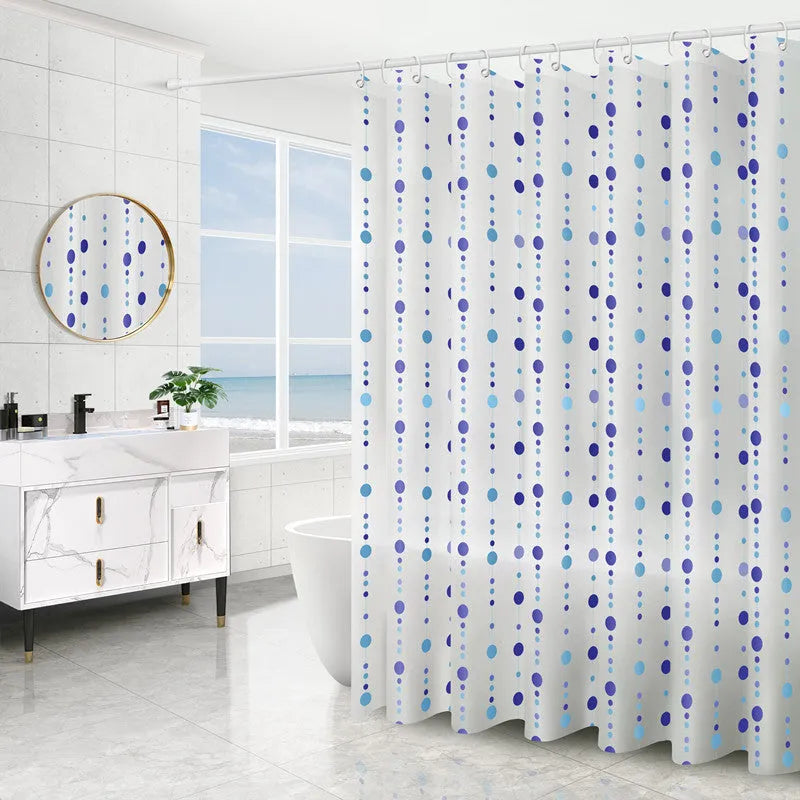 PEVA shower curtain with geometric abstract pattern and stainless steel buttonholes