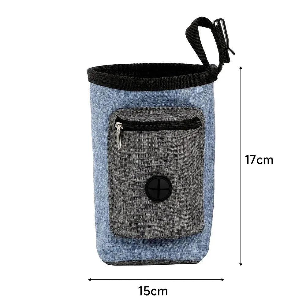Portable pet training waist bag in blue with adjustable elastic design and waste bag pocket