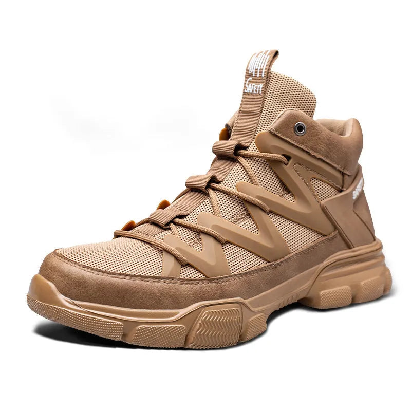 Protective high-top work shoes with anti-smashing toe cap, rubber sole, flying weave upper in khaki colour