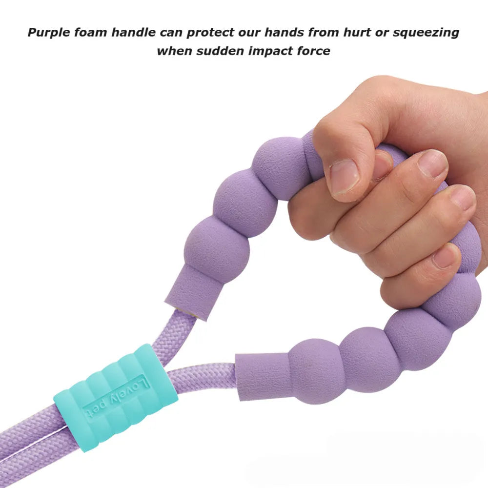 Dog traction rope leash with foam handle in four colour options: black, light purple, sky blue, yellow