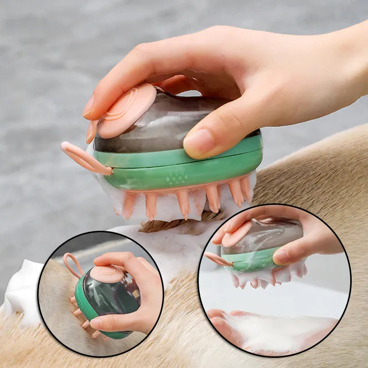 Blue pet grooming brush with integrated shampoo dispenser for bath time use with cats and dogs