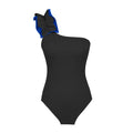Women's single-shoulder high-waisted one-piece swimsuit in solid colour.
