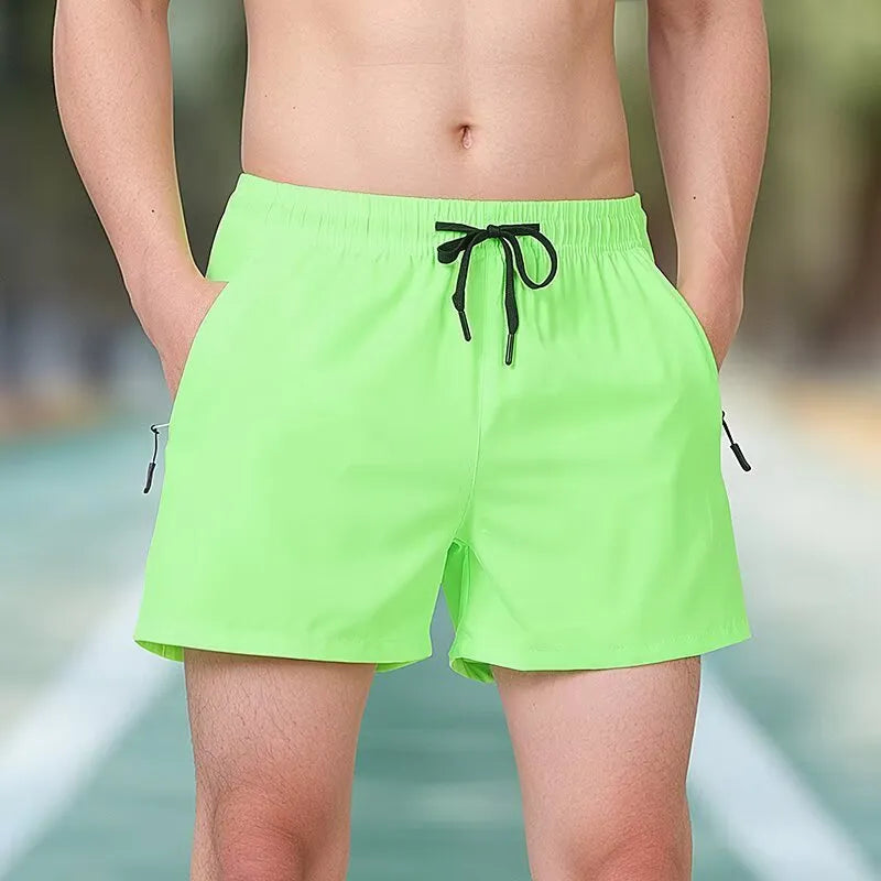 Black men's fitness training shorts with a high waist and drawstring, made from micro-elastic polyester fabric.