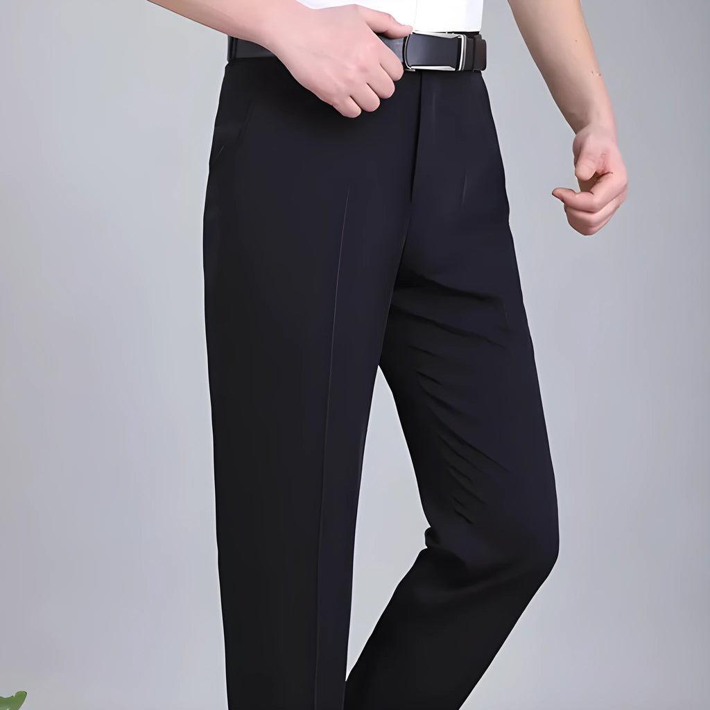 Men's straight cut mulberry silk blend business trousers in dark blue colour with high waist design
