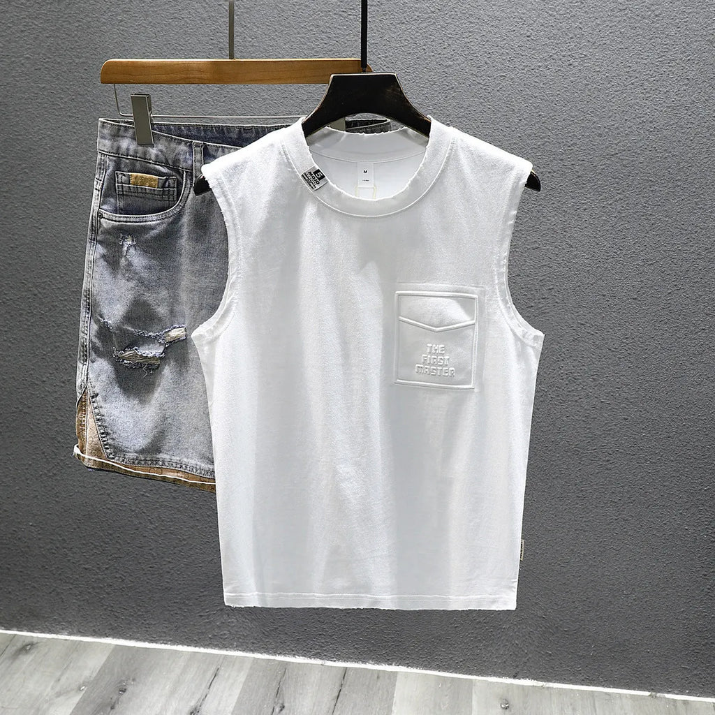 Men's solid colour loose fit cotton sleeveless t-shirt on hanger, black and white options.