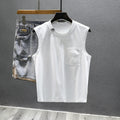 Men's solid colour loose fit cotton sleeveless t-shirt on hanger, black and white options.