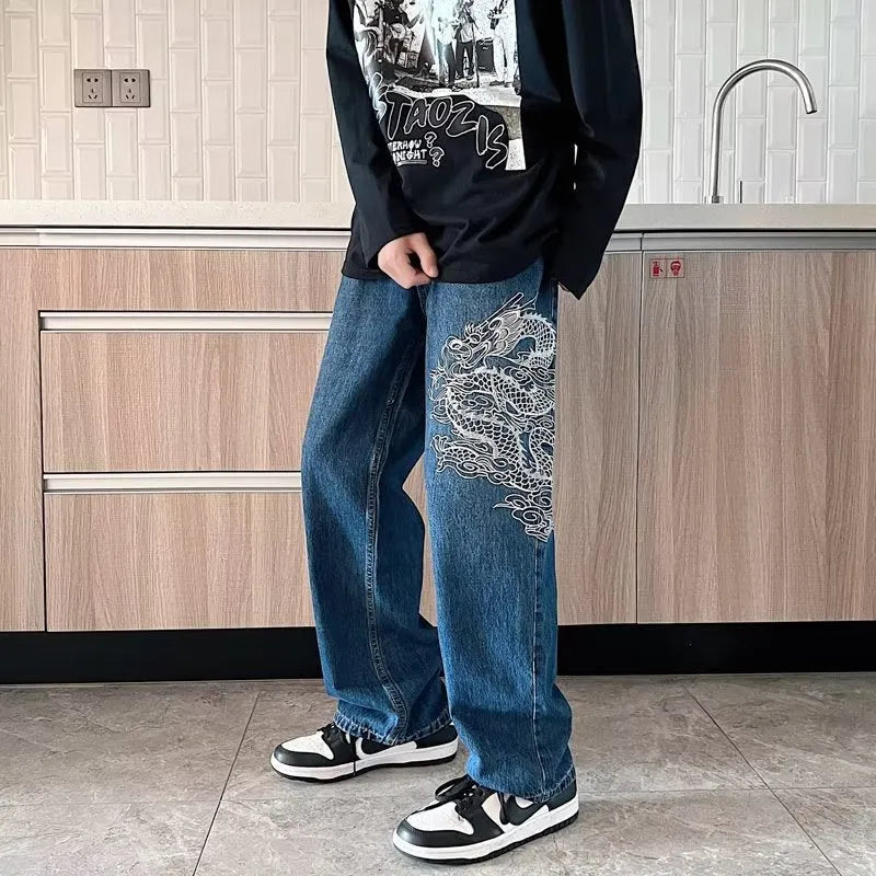 Men's loose embroidered jeans in Golden Dragon colour, made from polyester cowboy fabric, three-dimensional tailoring, size S to 3XL
