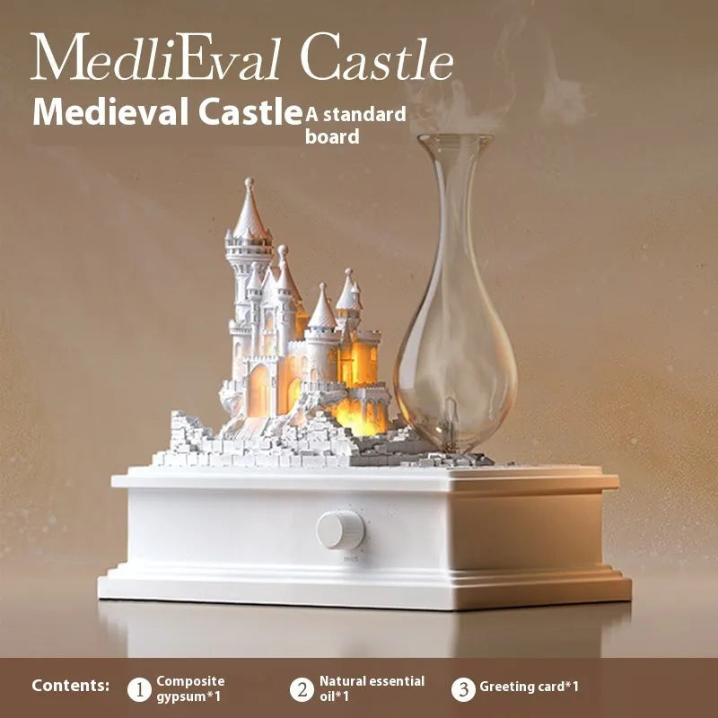 White Medieval Castle ornament aromatherapy machine with ambient light, showing size and detail.