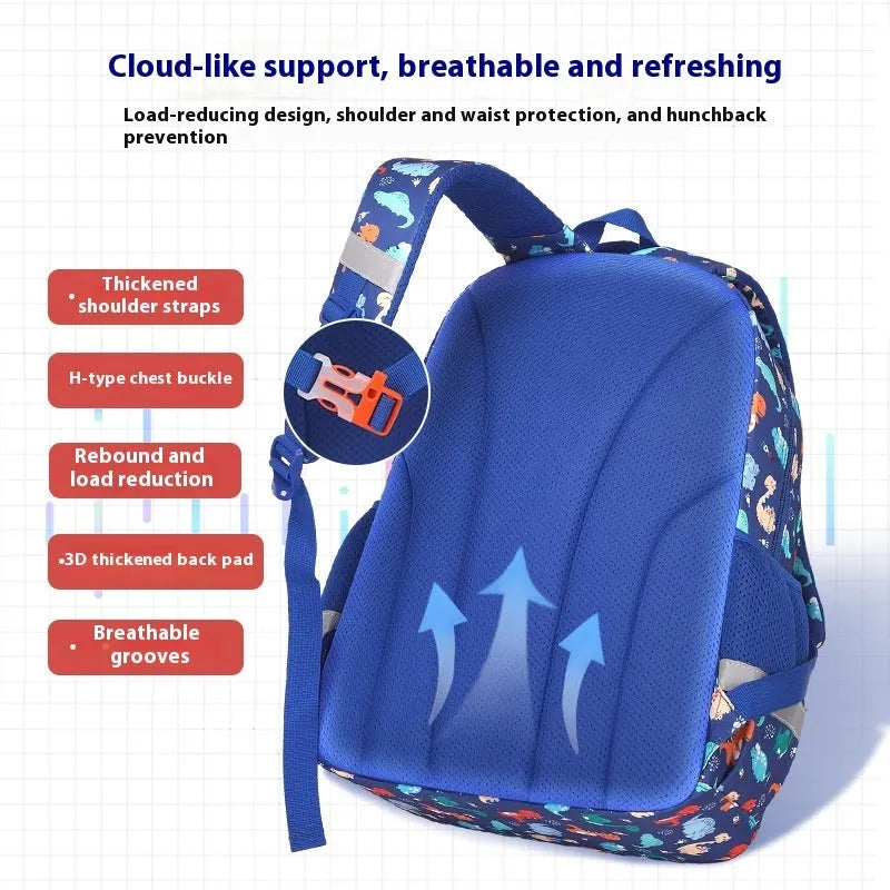 Children's waterproof school backpack with dinosaur pattern and curved shoulder straps