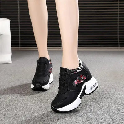 Women's white wedge platform shoes with PU upper round toe and 6-8CM heel