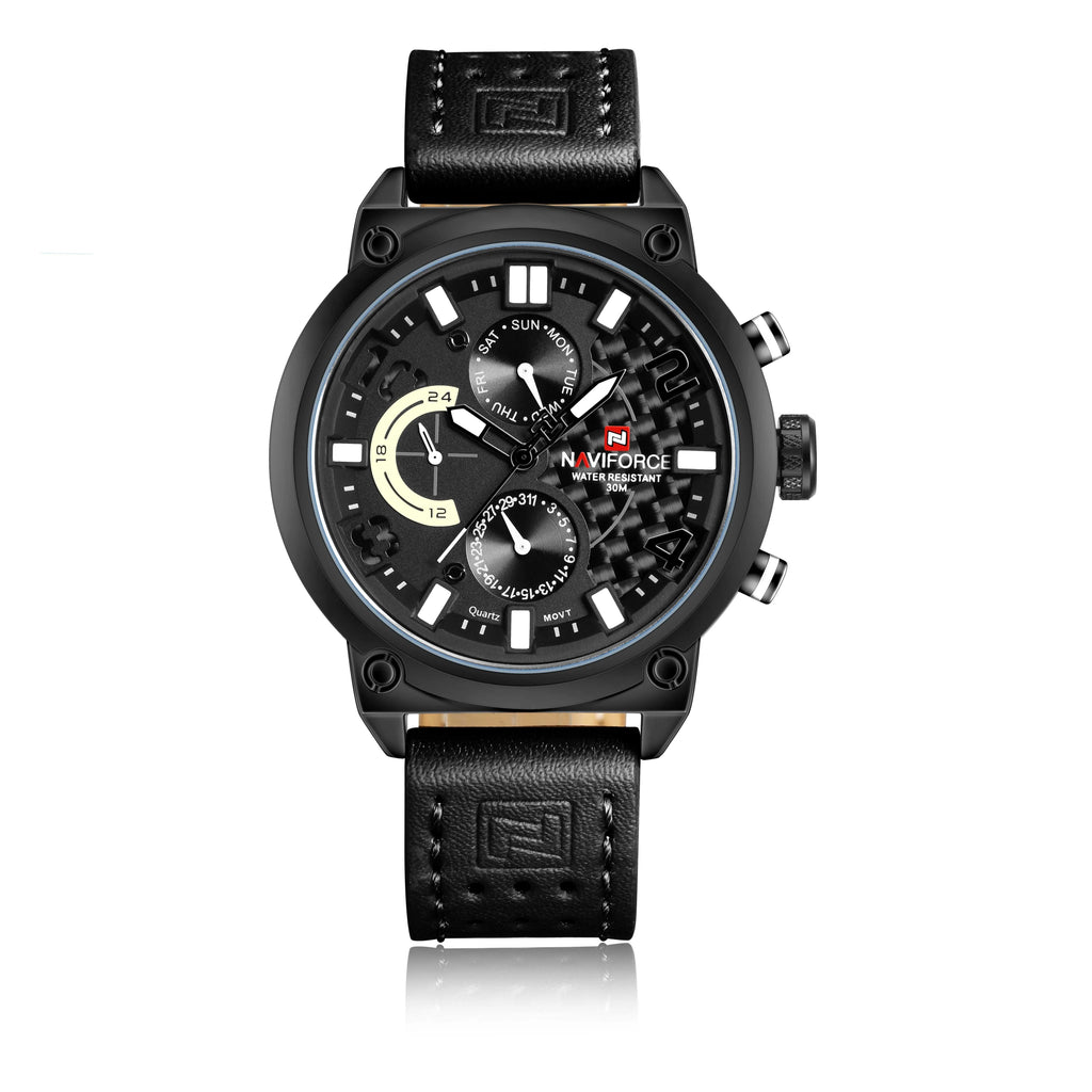 Men's sports quartz watch with 48mm stainless steel dial, calendar sub-dial, and grey stainless steel strap on wrist