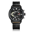 Men's sports quartz watch with 48mm stainless steel dial, calendar sub-dial, and grey stainless steel strap on wrist