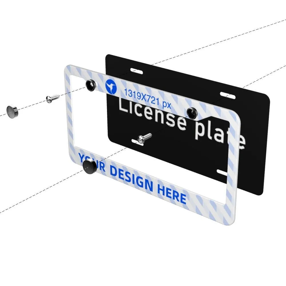 Pair of aluminium round hole license plate holders with custom print design, corrosion resistant, for front and rear car plates