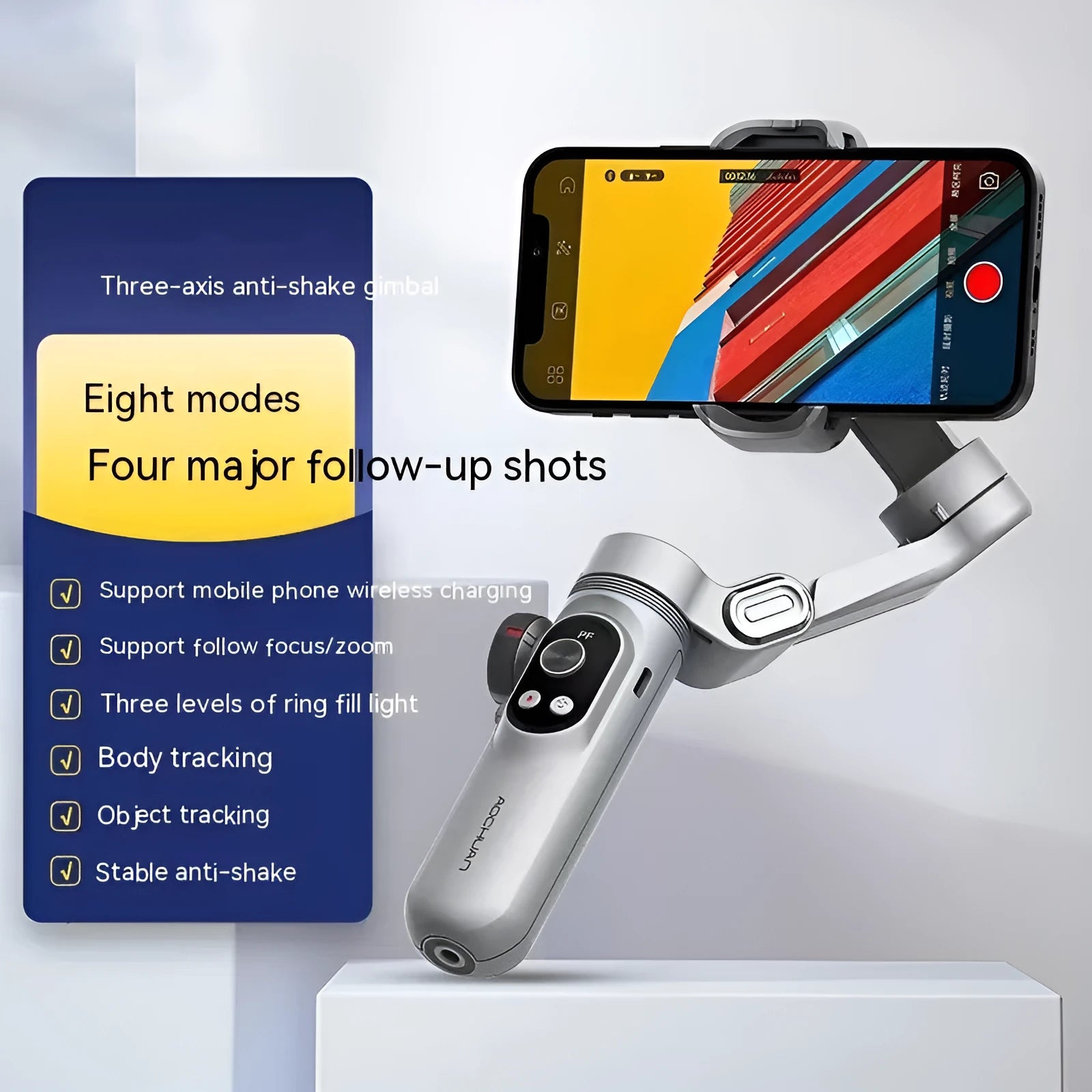 Silver grey three-axis smartphone gimbal stabiliser with extended arms and Bluetooth remote control