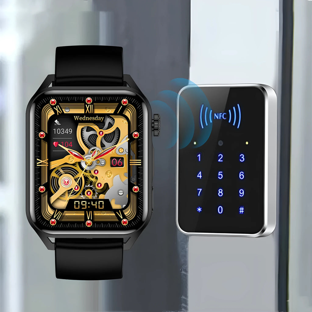 Black smart watch with HD AMOLED screen and silicone wrist strap on a wrist.